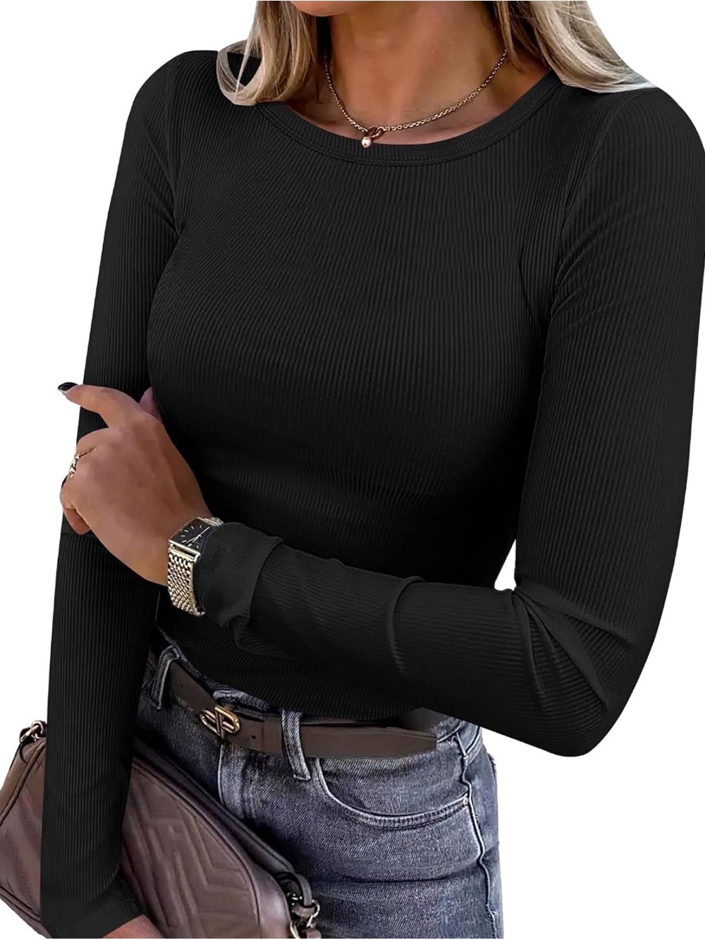 Women Long Sleeve Shirt Ribbed Fitted Top 2026 Fall Outfit Staple XXL